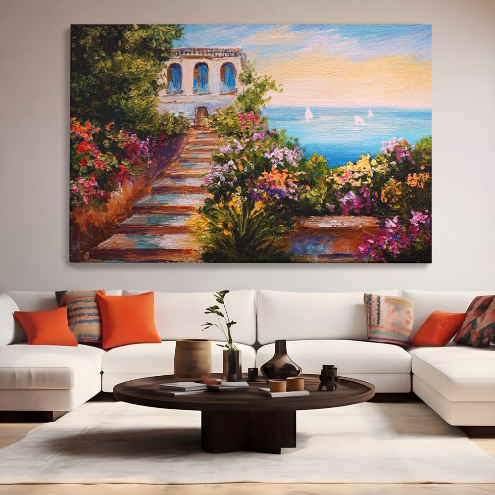 Tablou canvas cu pictura cu scari florale spre mare, fara rama, pe sasiu de lemn, pe perete intr-un living